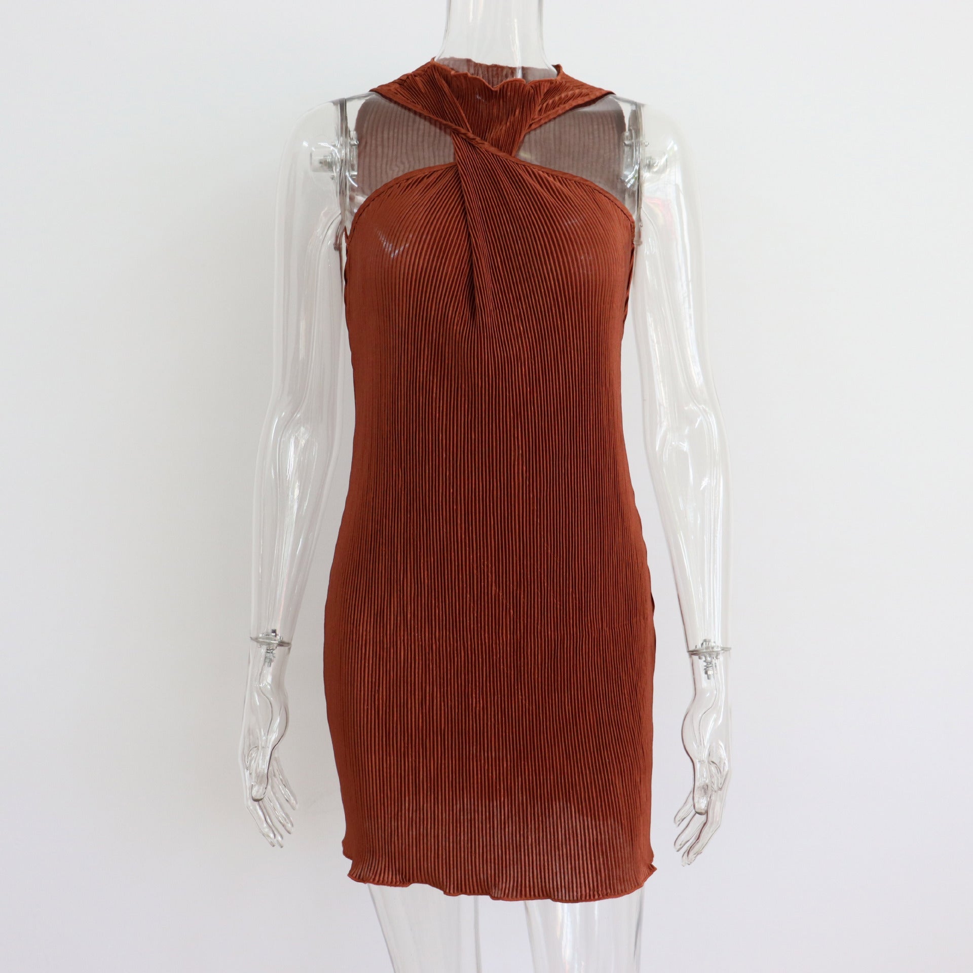 Round Neck Twisted off Shoulder Short Dress Women Summer Pleated Sexy Dress by Ragazza