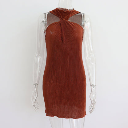 Round Neck Twisted off Shoulder Short Dress Women Summer Pleated Sexy Dress by Ragazza