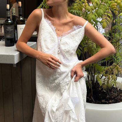 French Design Irregular Asymmetric Hem Backless Sexy Dress Women Lace Stitching Sleeveless Cami Dress by Ragazza