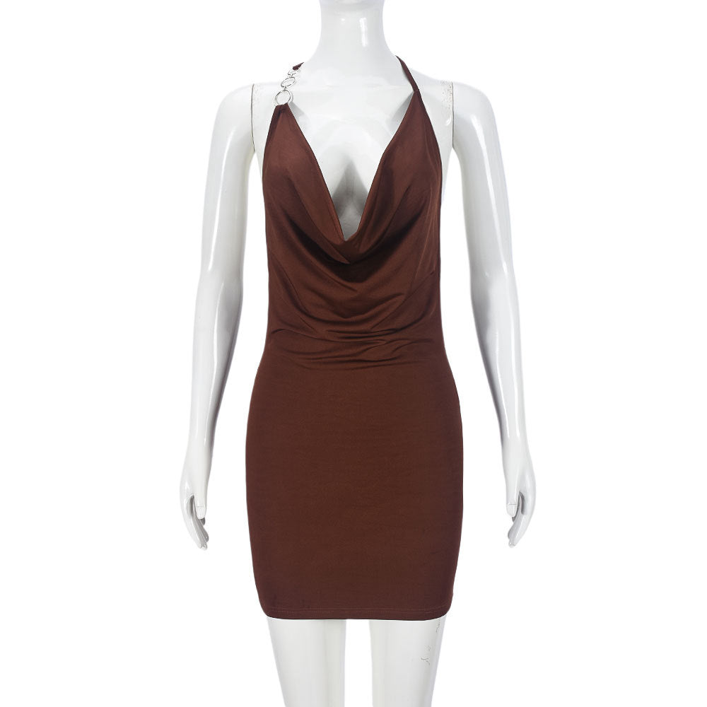 Women Clothing Sexy Slim Strap Deep V Plunge Swing Collar Backless Sheath Dress by Ragazza