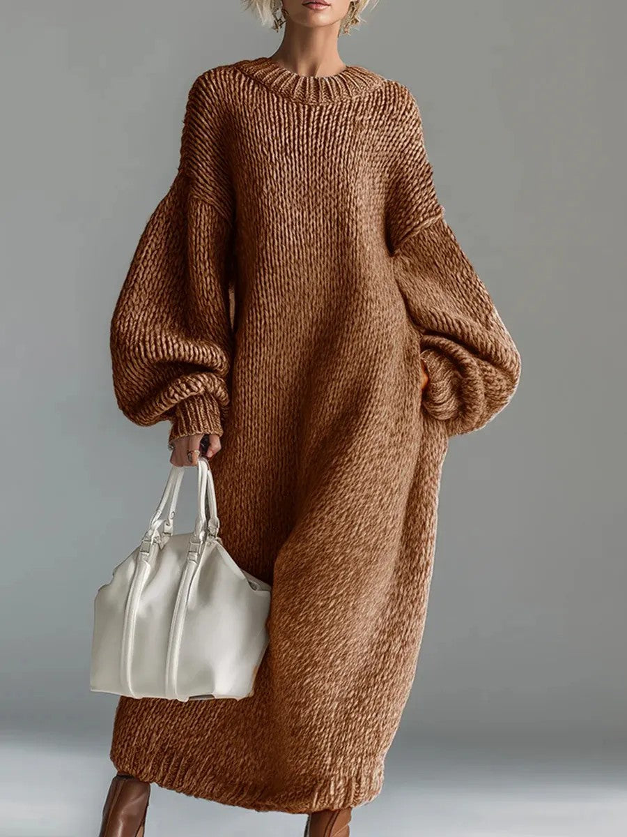 Women Stand Alone round Neck Loose Lantern Sleeve Long Knitted Sweater Dress  DestGlow