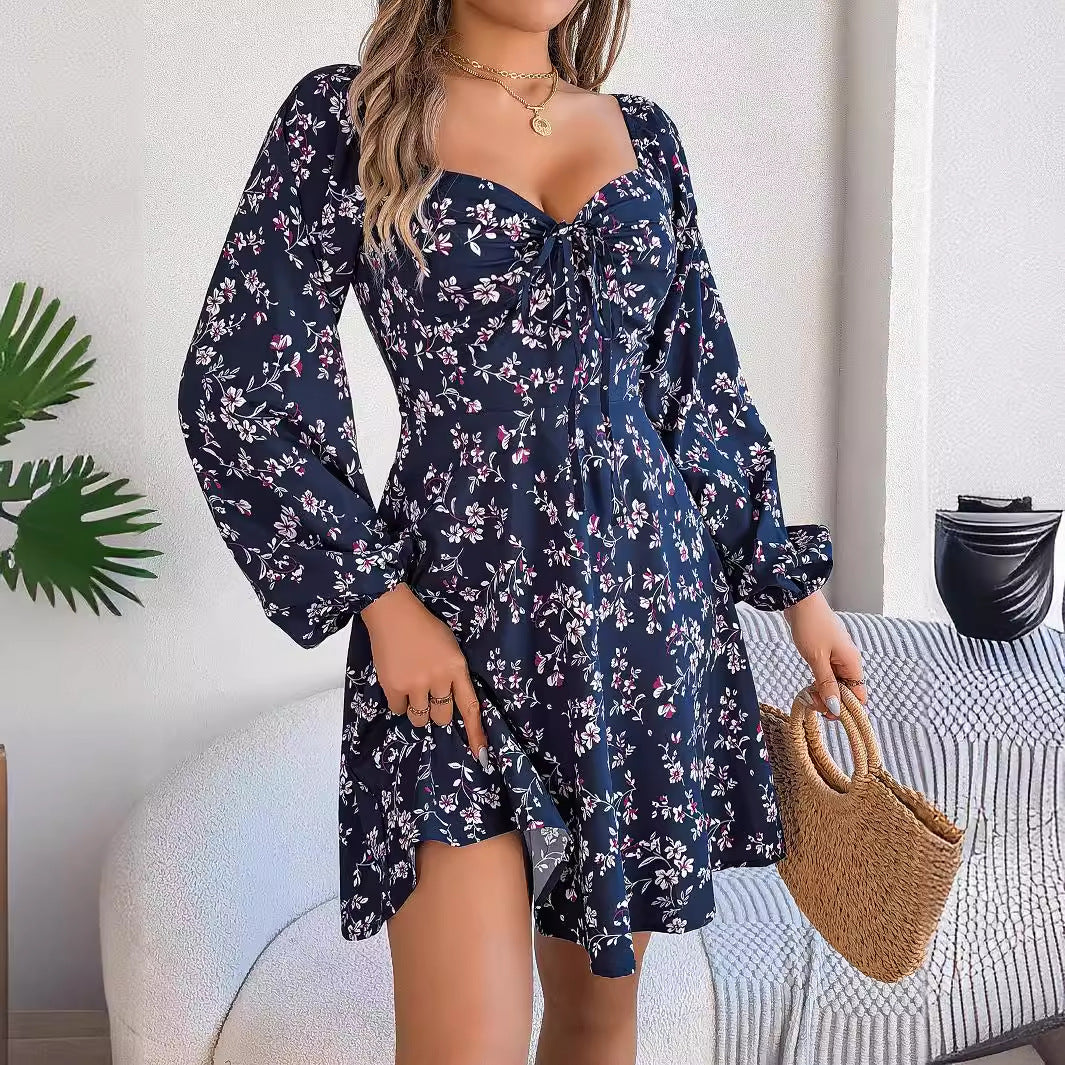 Autumn Winter Casual Sexy Lacing Square Collar Floral Long Sleeve A line Women Clothing by Ragazza