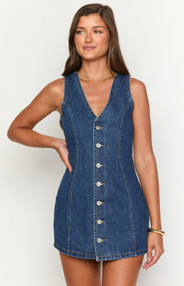 Autumn Button Placket Lace up Back Waist Denim Dress Retro Dress Women by Ragazza