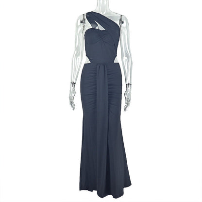 Elegant Women Pleated Solid Color Slim Hip One Shoulder Sexy Sleeveless Maxi Dress by Ragazza