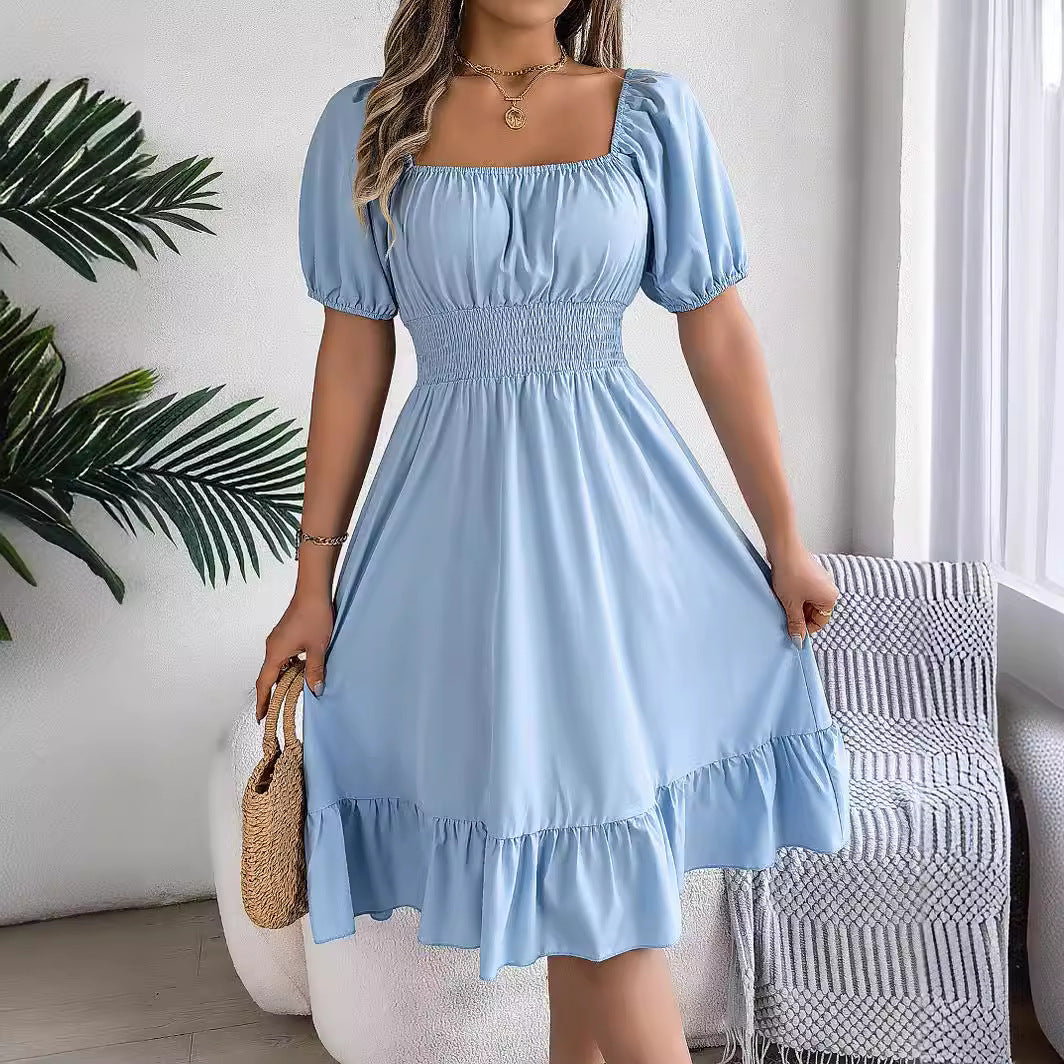 Spring Summer Casual Square Collar Short Sleeve Waist Trimming Ruffles A line Dress Women Clothing by Ragazza