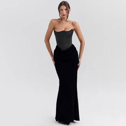 Sexy Elegant Tube Top Package Hip Maxi Dress Solid Color Stitching Sleeveless Slim Fit Dress by Ragazza