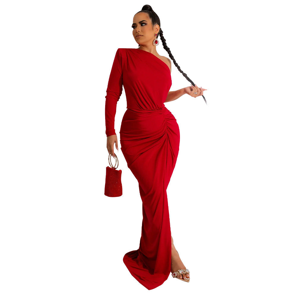 Women Clothing Autumn Oblique Shoulder Pleated Solid Color Dress Maxi Dress by Ragazza