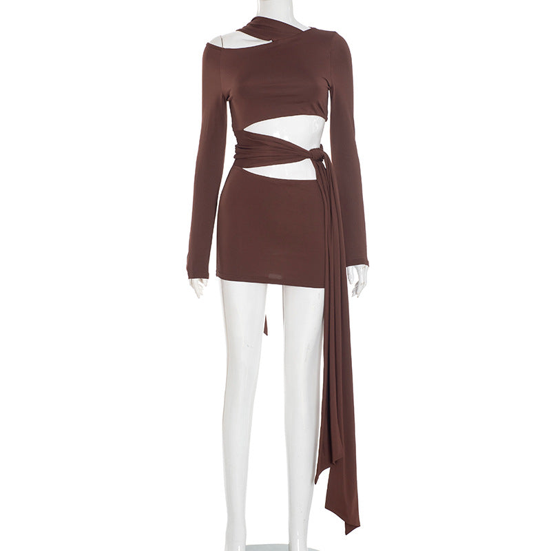 Women Clothing Autumn Strap off the Shoulder Hollow Out Cutout Irregular Asymmetric Dress by Ragazza