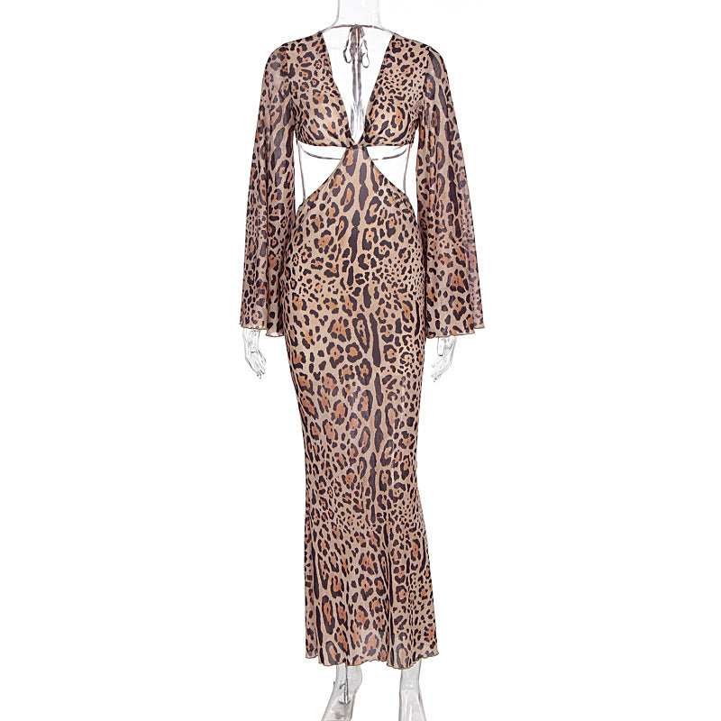 Women Clothing Summer Sexy Leopard Print Lace up Deep V Plunge neck Hollow Out Cutout out Long Sleeve Dress Sexy by Ragazza