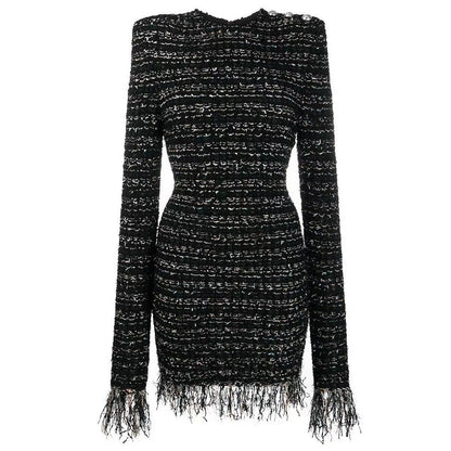 Bright Silk Woolen Fringe Long Sleeved Slim Fit Short Dress High Quality Women Clothing by Ragazza