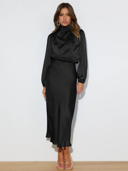 Autumn High Grade Satin Long Sleeve Loose Dress Elegant Women Evening Dress by Ragazza