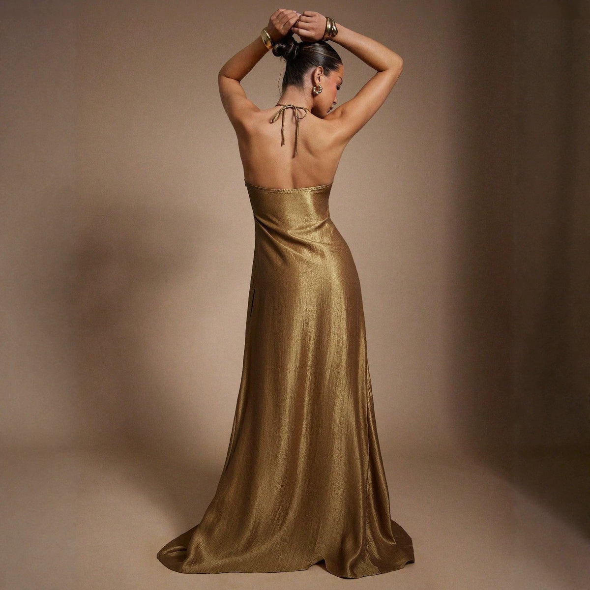 Summer Halter Sleeveless Backless Slim Fit Figure Flattering Waist Solid Color Maxi Dress  DestGlow