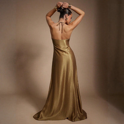 Summer Halter Sleeveless Backless Slim Fit Figure Flattering Waist Solid Color Maxi Dress  DestGlow