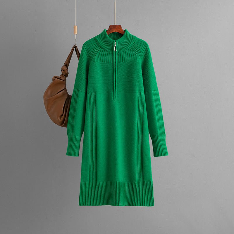 Zipper Woolen Autumn Winter Long Sleeve Thick Loose Mid Length Knitted Dress by Ragazza