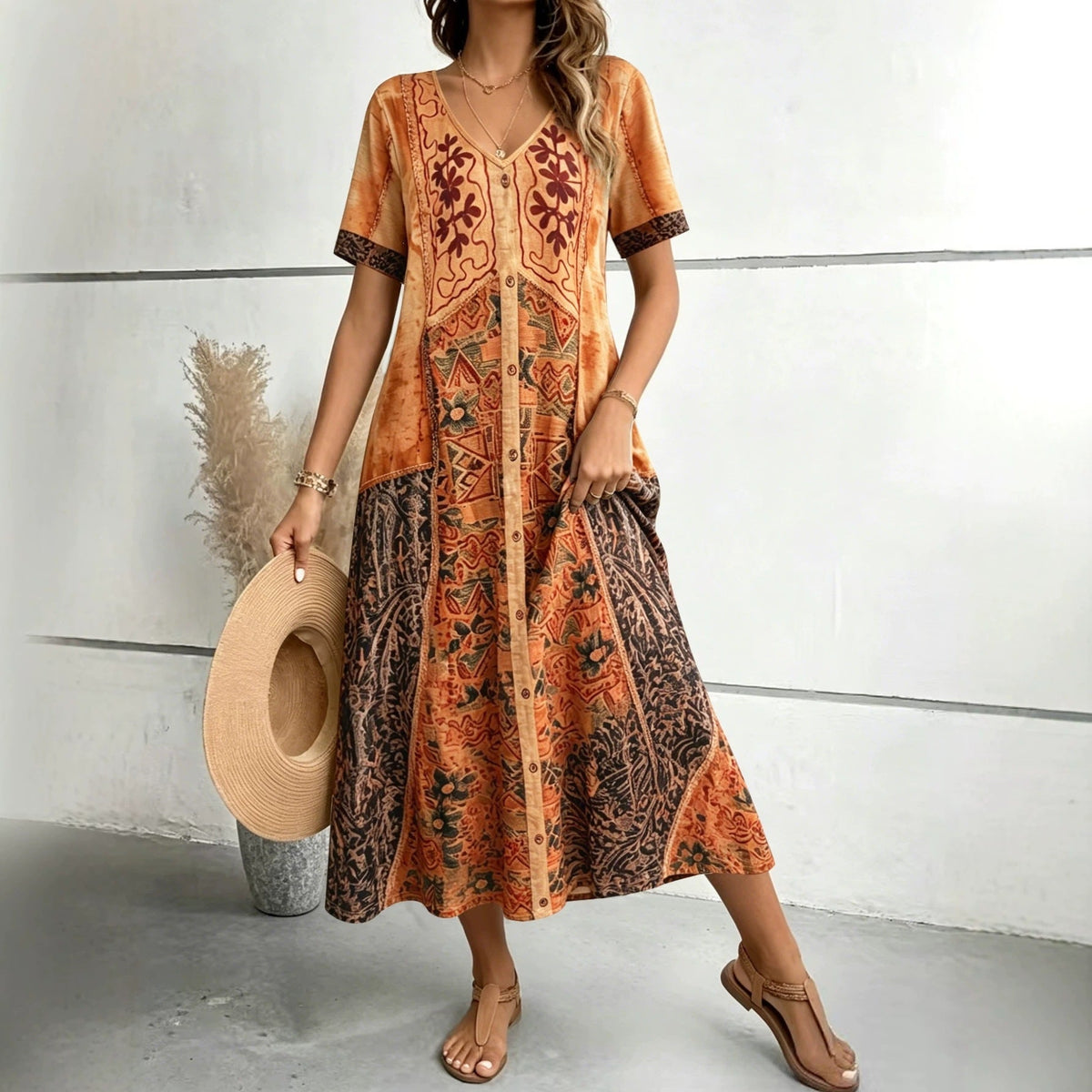 Summer Bohemian Stitching Printing Dress V neck Single Breasted A line Midi Dress  DestGlow