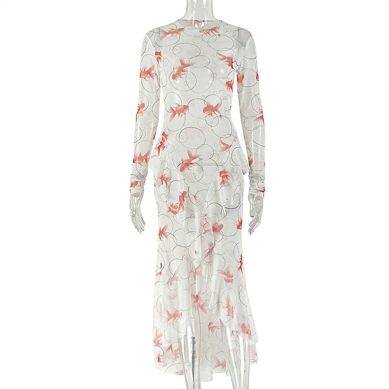 Women Clothing Fresh Printed Long Sleeve Pleated Hip Turtleneck Ruffled Split Maxi Dress by Ragazza