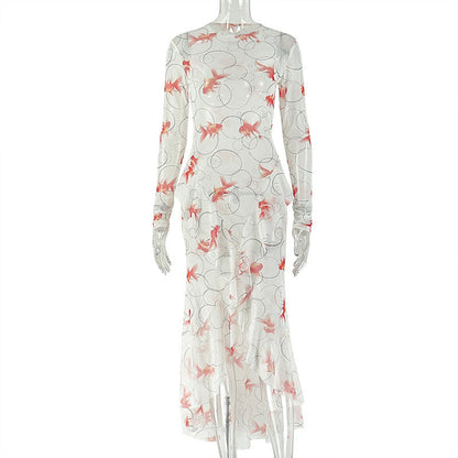Women Clothing Fresh Printed Long Sleeve Pleated Hip Turtleneck Ruffled Split Maxi Dress by Ragazza