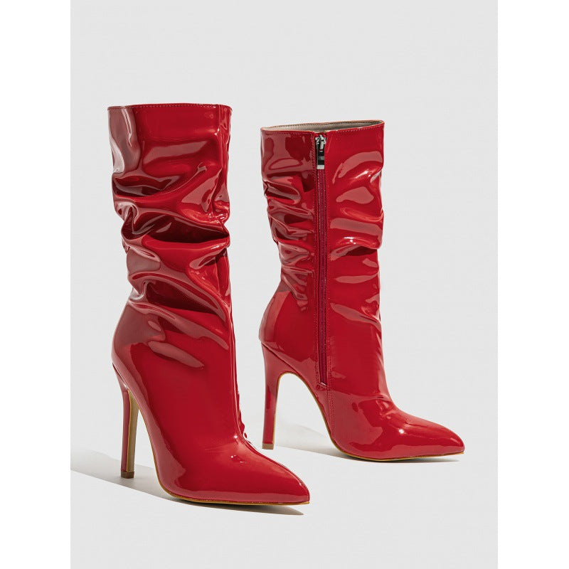 Supply Pointed Stiletto Heel Pile Boots Patent Leather Nude Shoes Short High Heel Riding Boots  DestGlow
