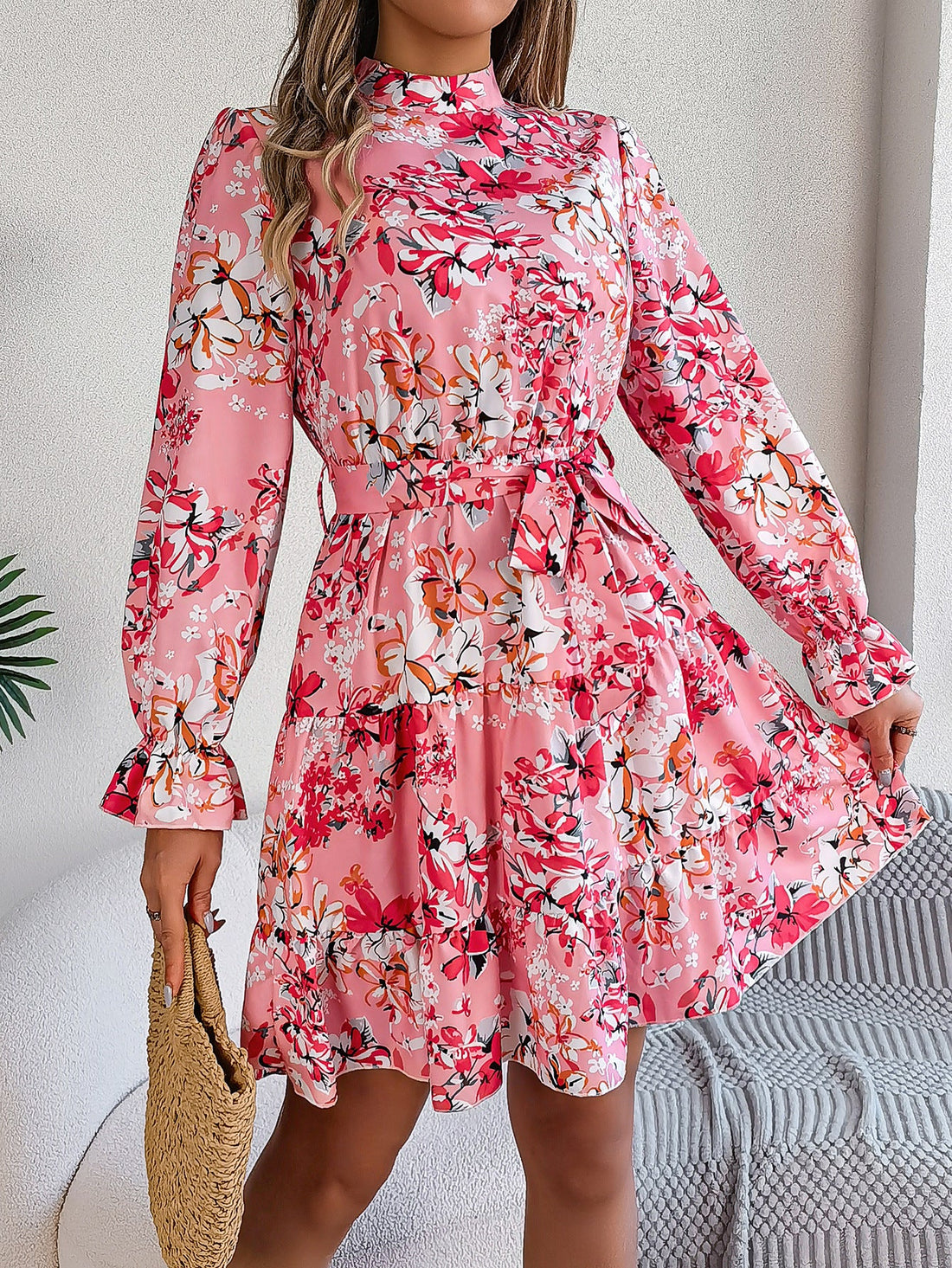 Real Shot Autumn Winter Elegant Stand Collar Floral Waist Controlled Long Sleeves Ruffled A line Dress Women Clothing by Ragazza