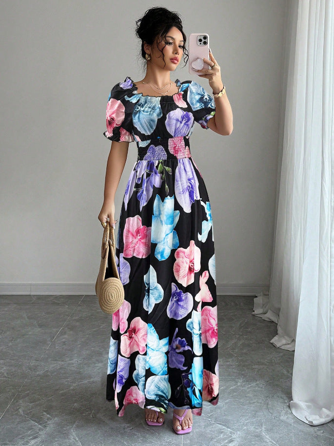 Summer Bubble Sleeve High Waist Tight Waist Women Printed Wear Large Swing Sling Dress by Ragazza