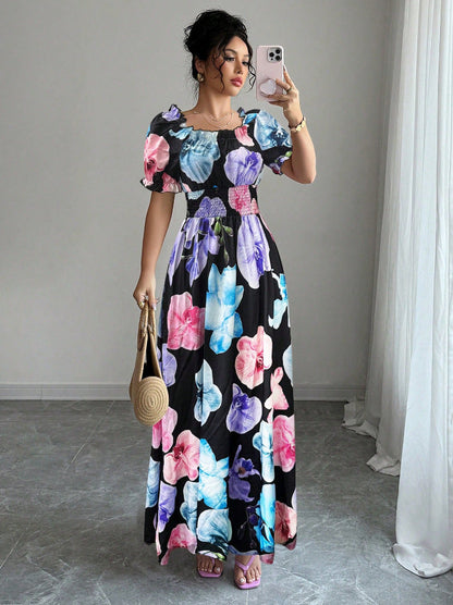 Summer Bubble Sleeve High Waist Tight Waist Women Printed Wear Large Swing Sling Dress by Ragazza