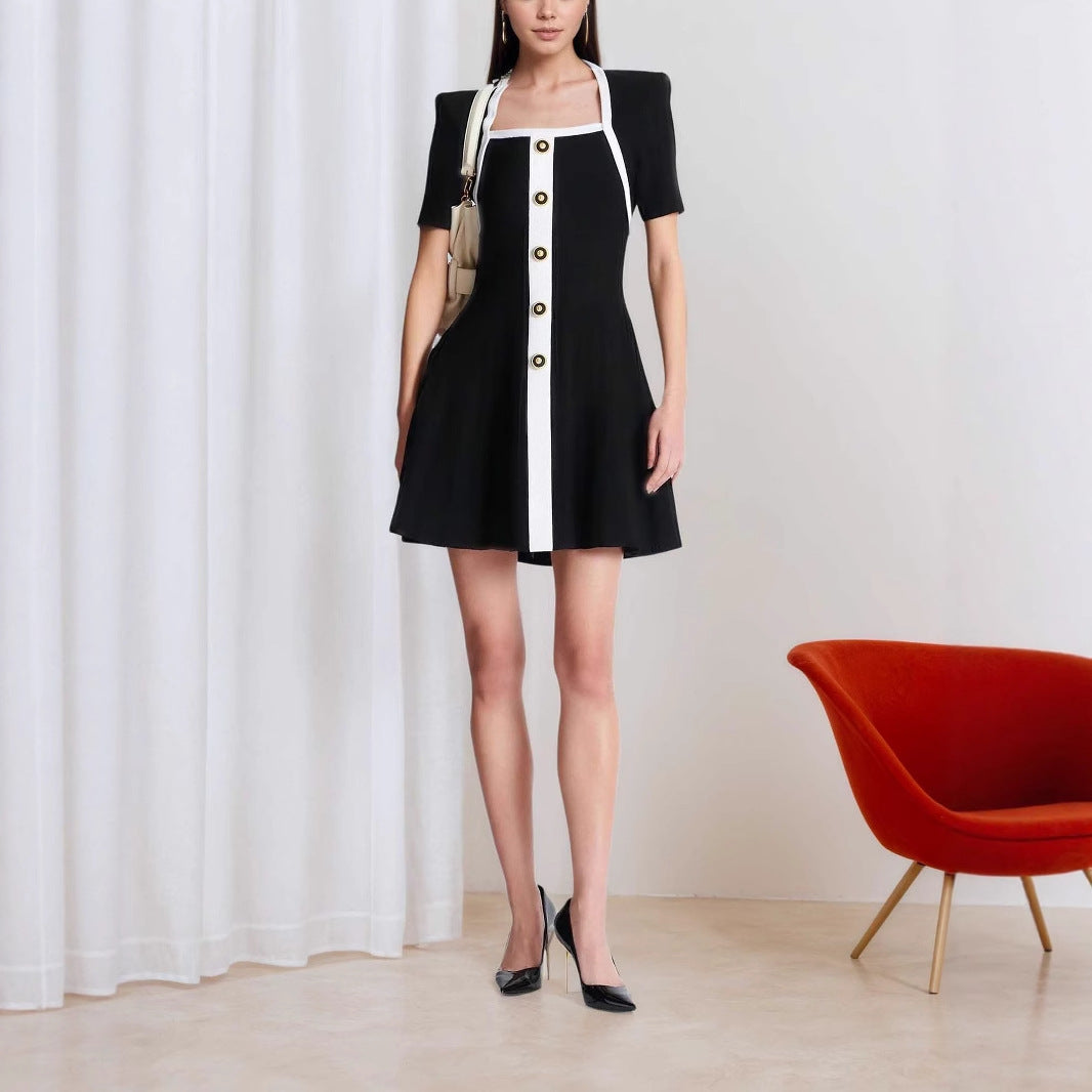 Square Collar Short Sleeve Color Matching with Metal Button Single Row Multi Buckle Design Ladies Dress by Ragazza