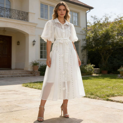 Spring Puff Sleeve Solid Color Waist Tight Collared Patchwork Maxi Dress Two Piece Elegant Dress for Women by Ragazza