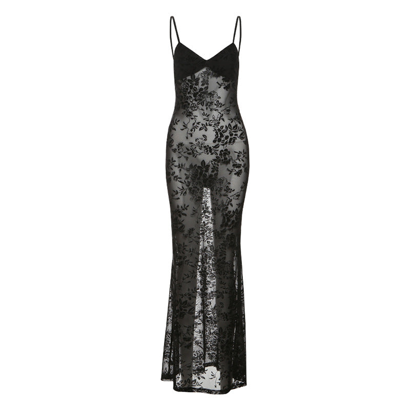 Spring Summer Women Mesh Sexy See through V neck Backless Slim Fit Sling Dress by Ragazza