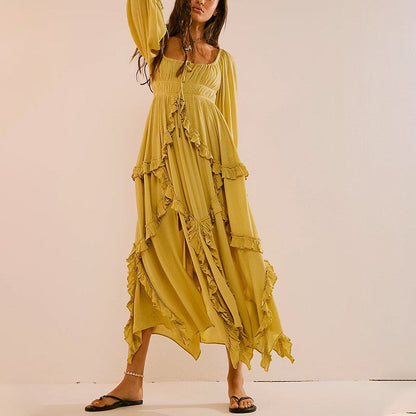 Fall U Collar Ruffled Lace Patchwork Slit Gentle Large Swing Dress Dress by Ragazza
