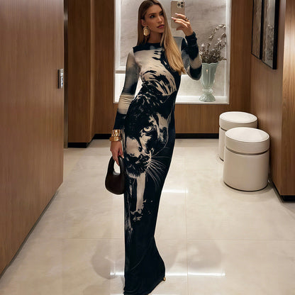 Summer Women High Waist Slim Fit round Neck Long Sleeves Printing Dress by Ragazza