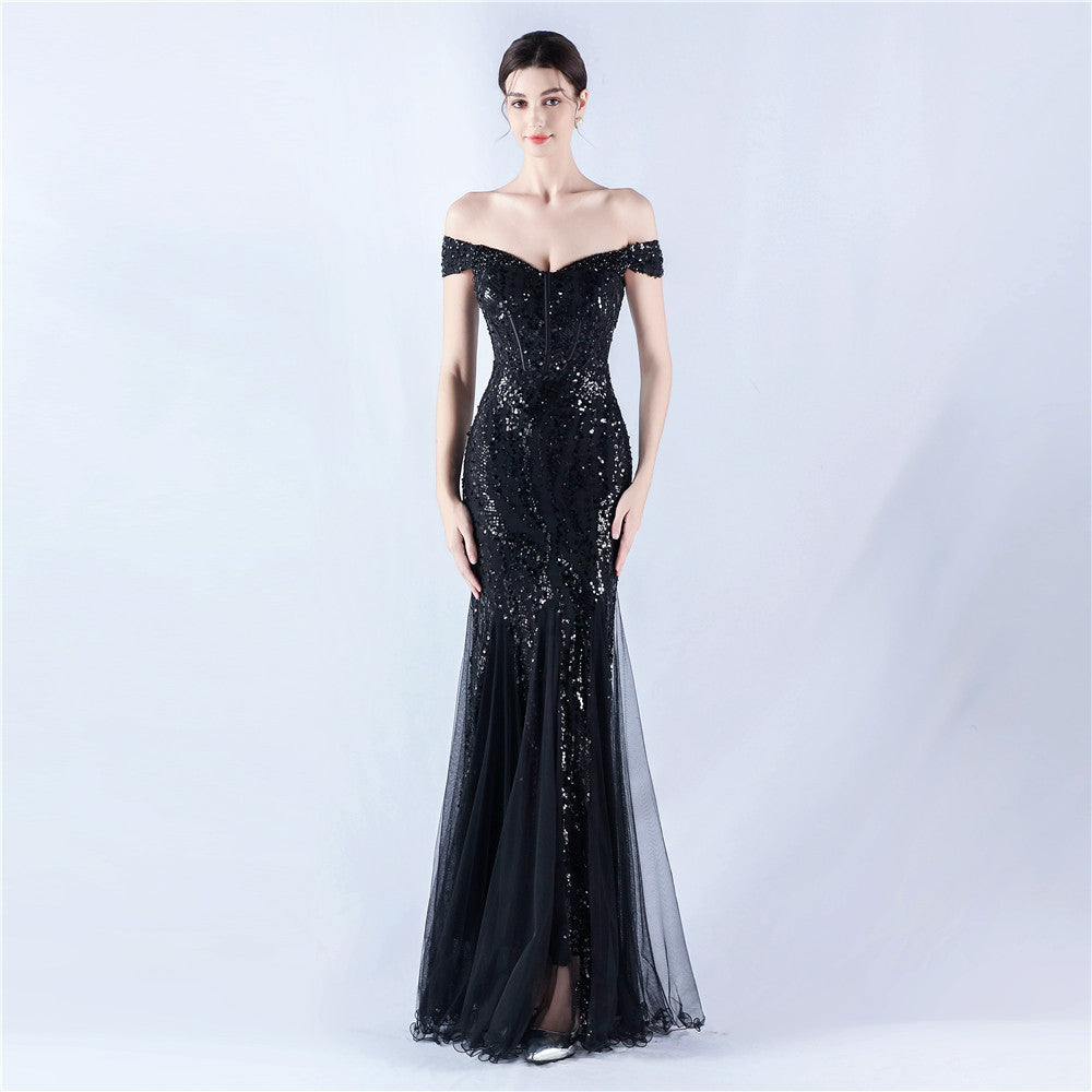 Dress Craft Beaded Mesh Sequin Evening Dress Annual Meeting Performance Host by Ragazza