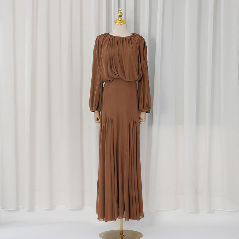 Gentle Dress Dress round Neck High Grade Pleated Patchwork Waist Slimming Maxi Dress  DestGlow