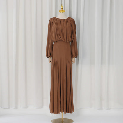 Gentle Dress Dress round Neck High Grade Pleated Patchwork Waist Slimming Maxi Dress  DestGlow