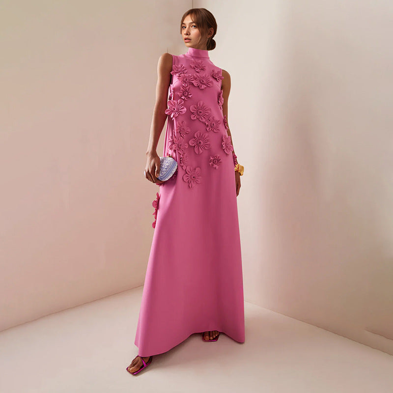 Elegant Elegant Stand Collar Sleeveless Solid Color Dress Three Dimensional Floral Collage Design Maxi Dress by Ragazza