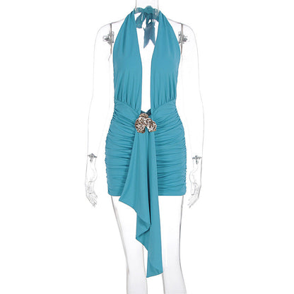 Women Clothing Summer Sexy Lace up Deep V Plunge Pleated Metal Decorative Dress by Ragazza