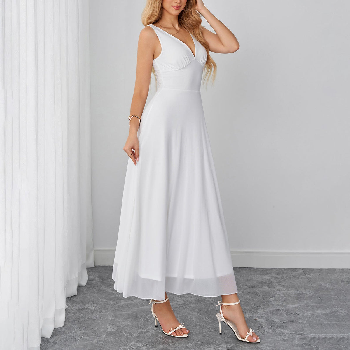 Dignified Goddess Mesh Camisole Dress Sexy V neck Backless Waist Trimming Slimming Dress  DestGlow