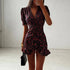 Summer Black Short Sleeve Floral Dress V neck Tight Waist Sexy Dress Women Clothing  DestGlow