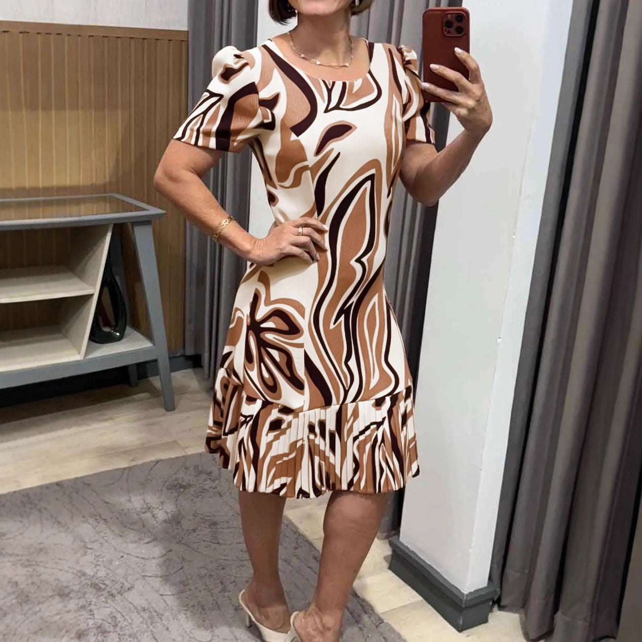 Women Casual Elegant round Neck Short Sleeve A line Pleated Dress by Ragazza