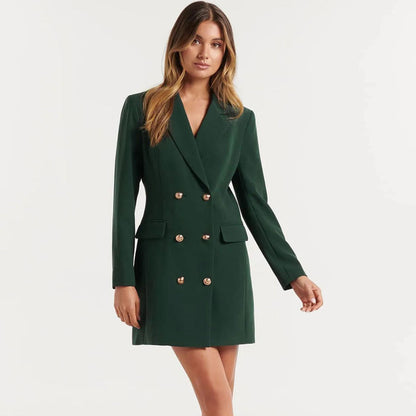 Slim Solid Color Casual Double Breasted Mid-Length Blazer Coat Dress by Ragazza