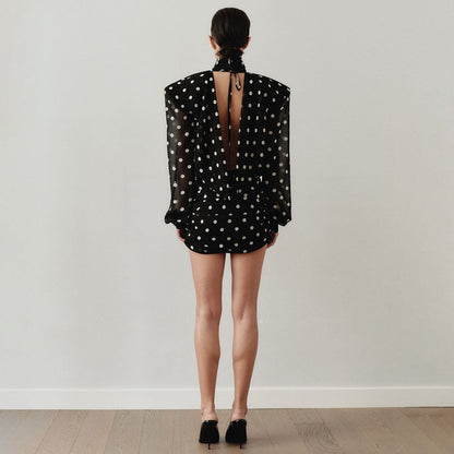 Women Clothing Polka Dot Design Turtleneck Backless Hip Wrapped Short Dress by Ragazza