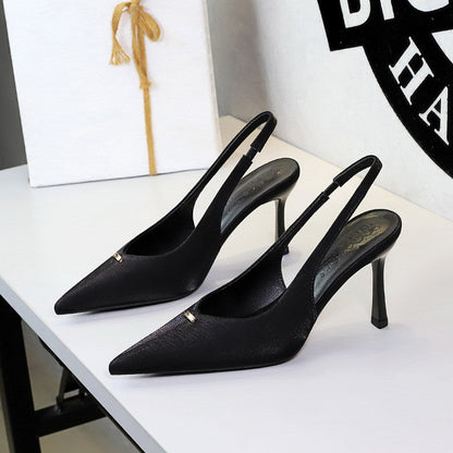 French Sweet Metal Decoration Pointed Toe Shallow Mouth V Buckle Back Empty Back Strap Stiletto Heel High Heels for Women