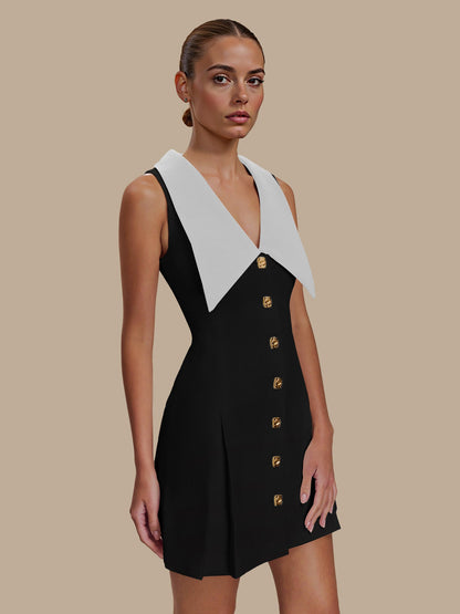 Socialite Large Collared Metal Buckle Sleeveless Waist Controlled Slimming Tuxedo Dress High Grade by Ragazza