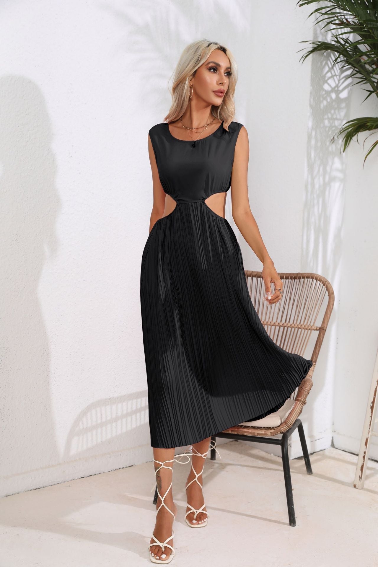 Hollowed Out Cropped Outfit Pleated Dress Sleeveless Swing Mid Length Vest Dress Women Women Clothing by Ragazza