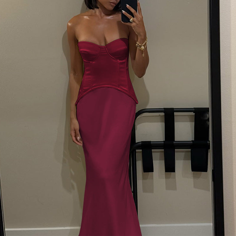 Autumn Winter Slim Deep V Plunge off the Shoulder Tube Top Boning Corset Evening Dress by Ragazza