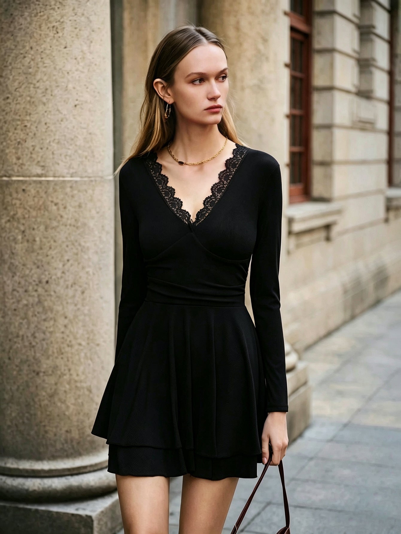 Women V neck Lace Dress Long Sleeve Waist Tight Slimming Flounce A line Dress  DestGlow