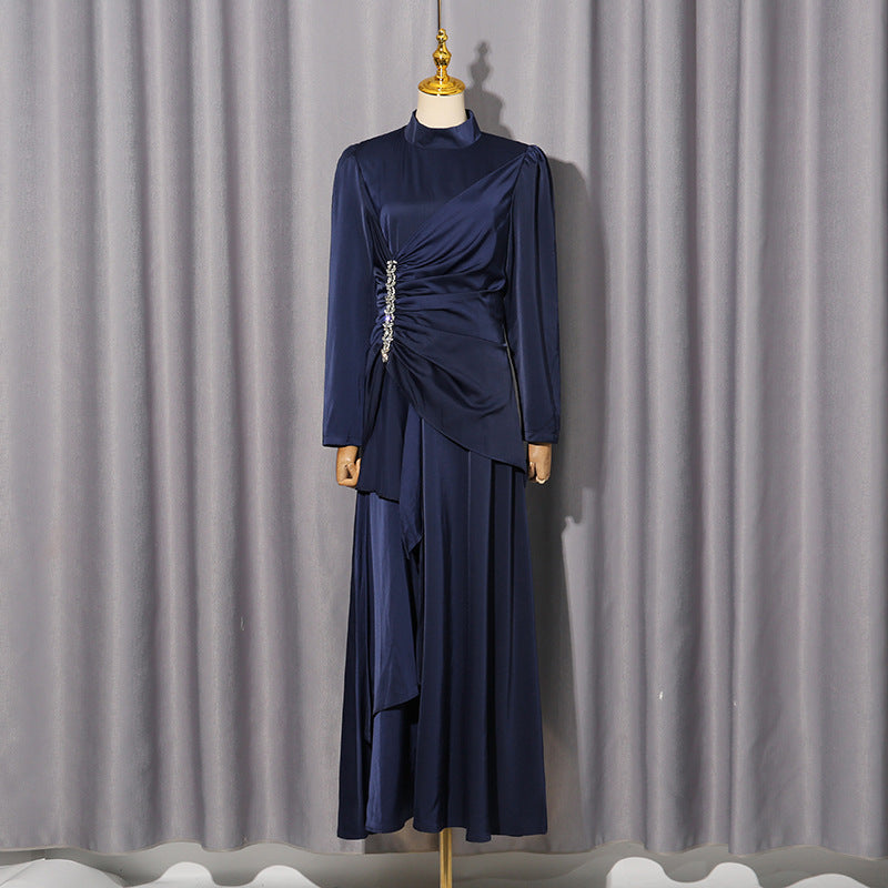 Elegant Palace Light Luxury Formal Dress Women Clothing Autumn Solid Color Diamond Pleated Long Sleeve Dress by Ragazza
