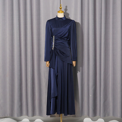 Elegant Palace Light Luxury Formal Dress Women Clothing Autumn Solid Color Diamond Pleated Long Sleeve Dress by Ragazza