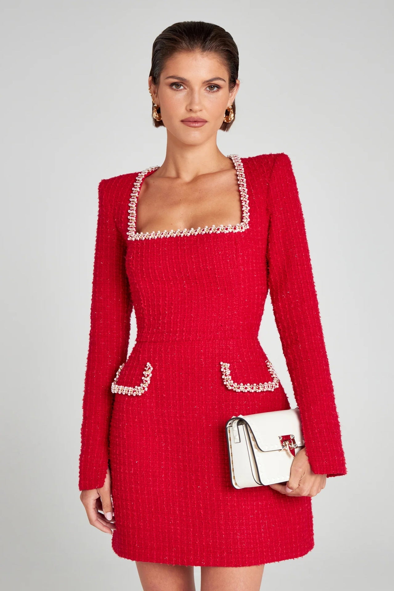 Elegant Slim Fit Slimming U Neck Long Sleeved Beaded Classic Dress Women by Ragazza