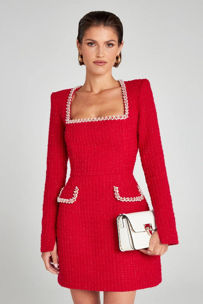 Elegant Slim Fit Slimming U Neck Long Sleeved Beaded Classic Dress Women by Ragazza