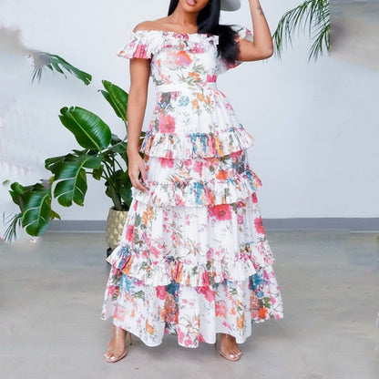Women Summer round Neck Long Sleeve Printed Ruffled Maxi Dress Vacation Dress for Women by Ragazza